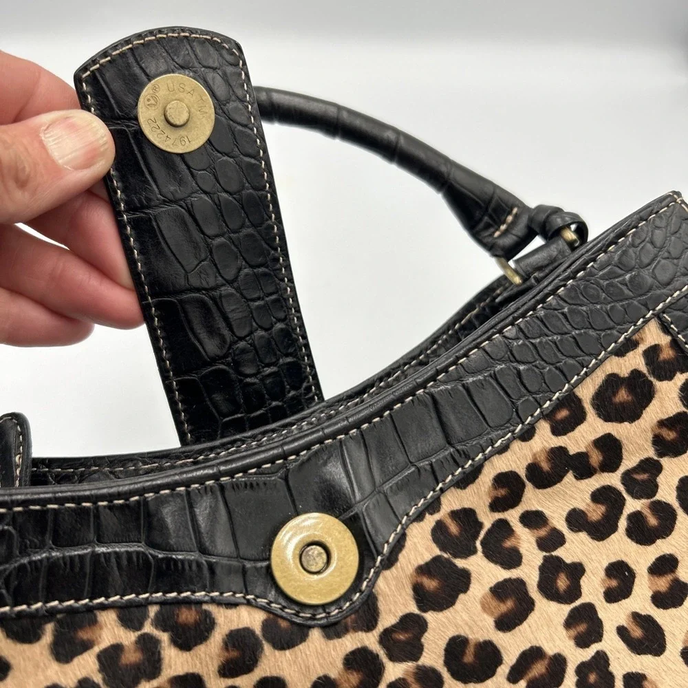 Vtg BRAHMIN Cheetah Print Calf Hair Black Italian Leather Croc Purse Bag 90's - Picture 8 of 14